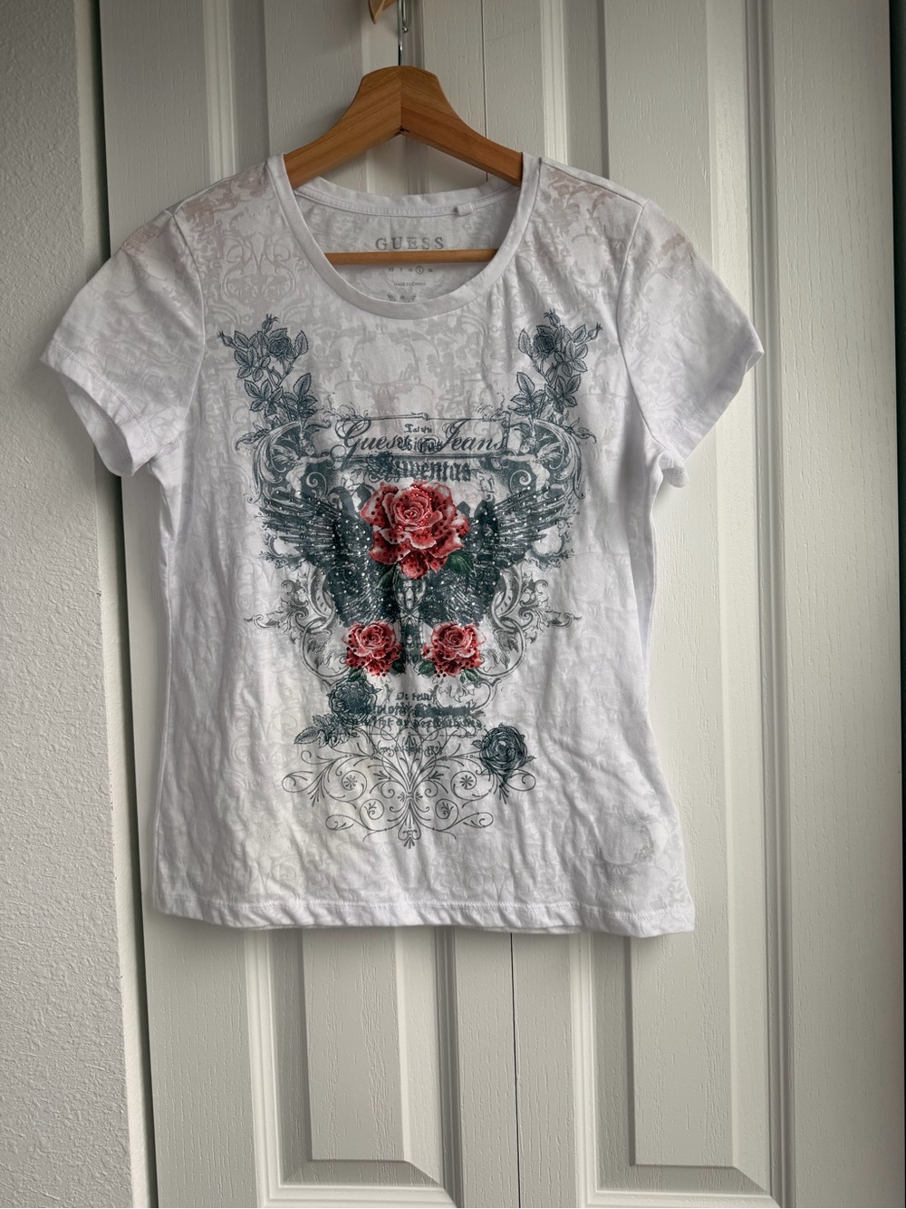 Guess White Short Sleeve Tee with Red Rose Graphic